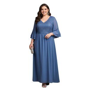 Bloomchic Plus Size 3X Blue Lace & Chiffon Maxi Dress With Flutter Sleeves